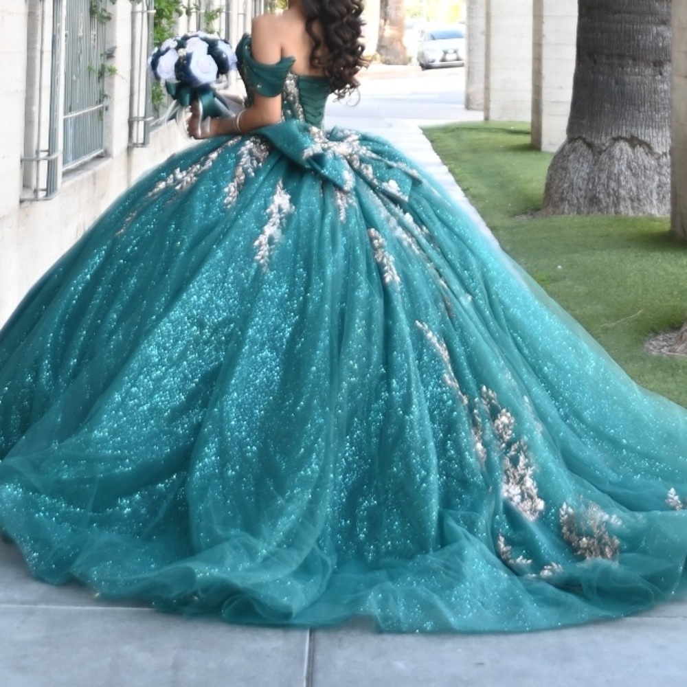 Teal Ball Gown with Floral Embellishments